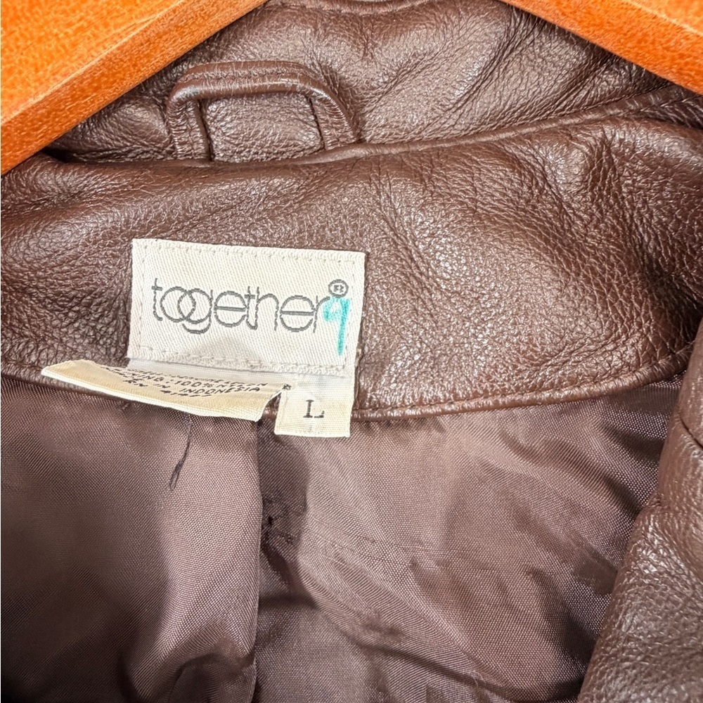 Together 9 Vintage Brown Genuine Leather Double Breasted Blazer Women’s Large - Picture 11 of 16